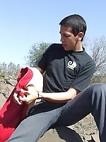 Sweet latino twink guy on a river side naked plays
